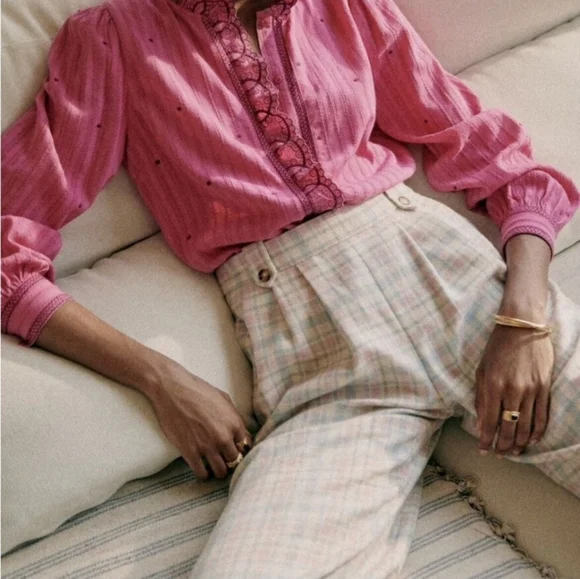 Sezane Loulou High Waisted Wide Leg Trousers Pastel Check Wool - Picture 2 of 4